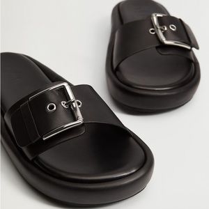 Mango MNG Black Leather Silver Buckle Platform Sandals Committed Sustainable 39
